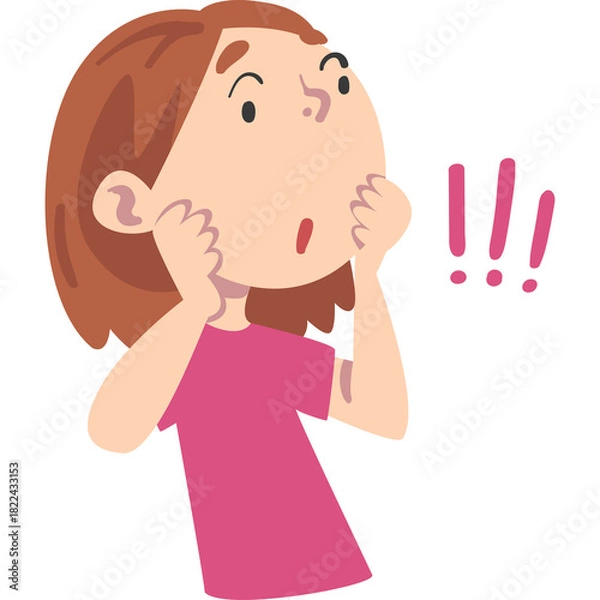 Obraz Astonished Young Woman Clutching Her Cheeks With Wide Eyes And Open Mouth Expressing Shock And Surprise Against A Transparent Background With Exclamation Marks Representing Sudden News