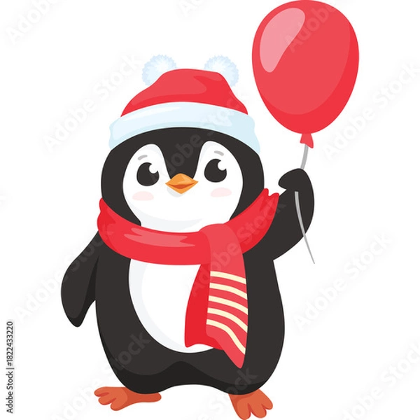 Obraz Cute cartoon penguin wearing a red Santa hat and scarf holding a red balloon against a white background