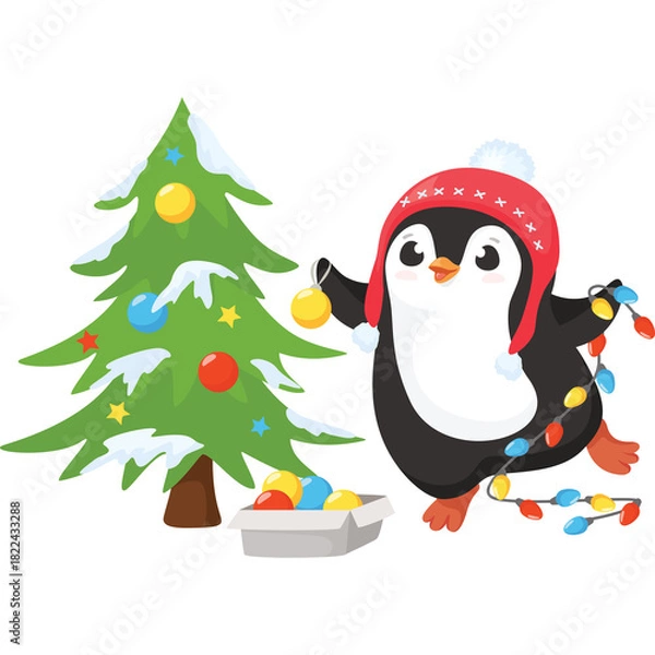 Obraz Cute Penguin Decorating a Snowy Christmas Tree with Colorful Lights and Ornaments on a Transparent Background