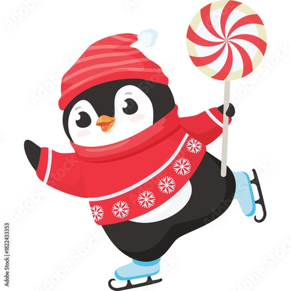 Obraz Cute Penguin Wearing Red Scarf and Sweater Ice Skating Holding a Swirl Lollipop Candy on a Transparent Background