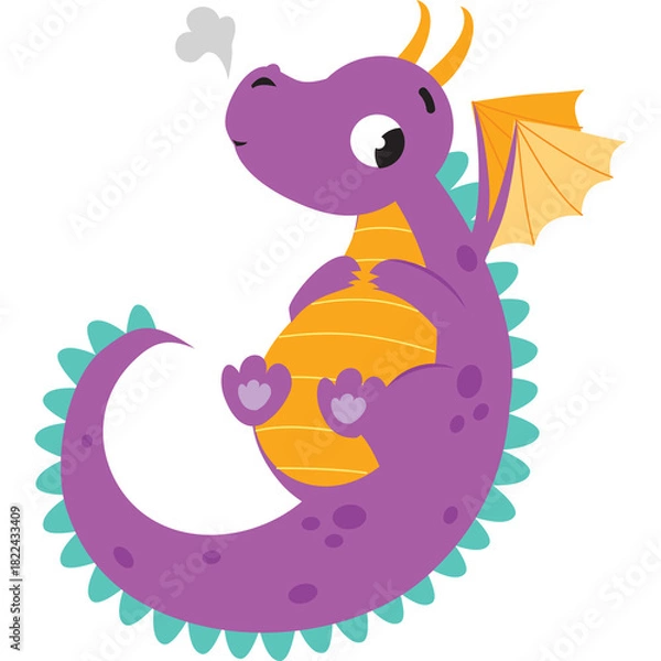Obraz Cute Purple Dragon with Orange and Teal Accents Sitting with a Swirl of Smoke Coming from its Nostril and a Transparent Background