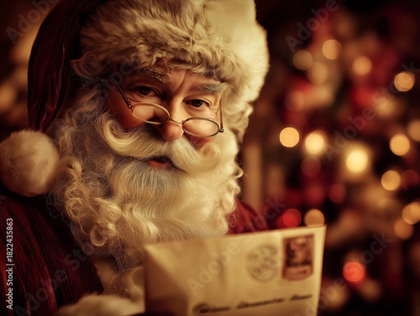 Obraz Santa Claus reading Christmas letter by decorated tree
