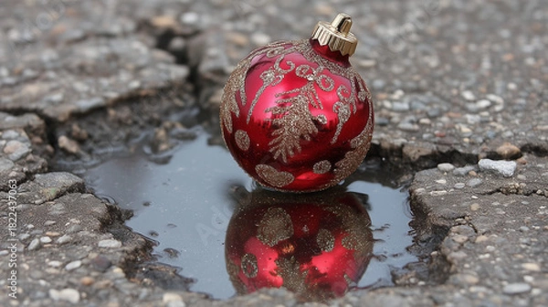 Obraz Red Christmas ornament in puddle on cracked asphalt