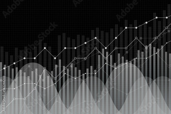 Fototapeta Financial growth, revenue graph, vector illustration. Trend lines, columns, market economy information background. Chart analytics strategy concept, trendy black and white, monochrome style.