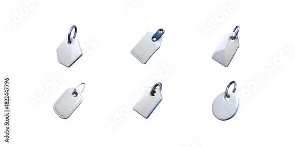 Fototapeta Clean white 3D shopping tag icons isolated on white background minimal rectangular and circular tags with dark loops simple glossy ecommerce label set