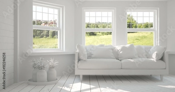 Fototapeta Idea of white room with sofa and summer landscape in window. Scandinavian interior design. 3D illustration