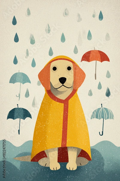 Obraz A dog in a yellow raincoat is sitting in the rain with umbrellas around