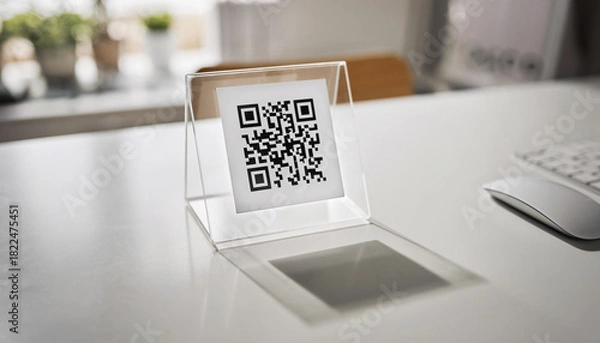 Obraz Close-up of a QR code displayed on a stand on a white desk, technology for easy scanning
