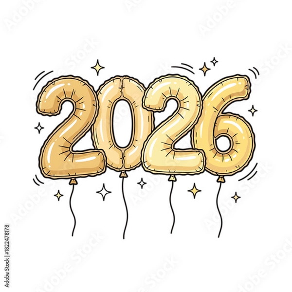 Obraz Glossy golden foil balloon text 2026 floating against2