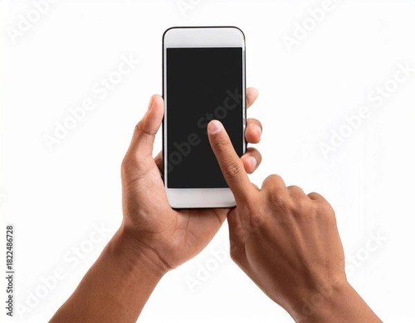 Fototapeta hands holding and using a smartphone isolated on white background hand holding mobile phone finger clicking on blank screen mock up tapping ok on display isolated on white background