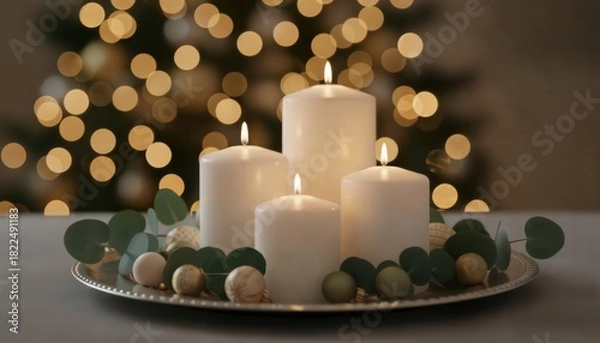 Fototapeta Glowing candle centerpiece surrounded by decorative accents creating a serene festive evening environment