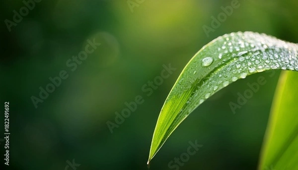 Fototapeta close up of a curved green leaf covered in water droplets with a blurred green background outdoors