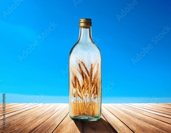 Fototapeta a glass bottle filled with wheat stalks resting on a wooden surface under a clear blue sky outdoors