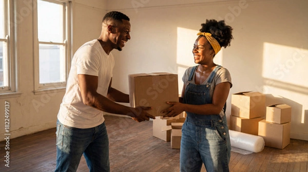Obraz Smiling young Black couple passing a cardboard box between them while unpacking in an empty, sunlit apartment with windows and piles of boxes on the wooden floor.