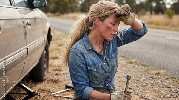 Obraz Exhausted young blonde woman in denim shirt wiping sweat from her forehead with a gloved hand while holding a lug wrench next to a car with a flat tire on a dirt road.