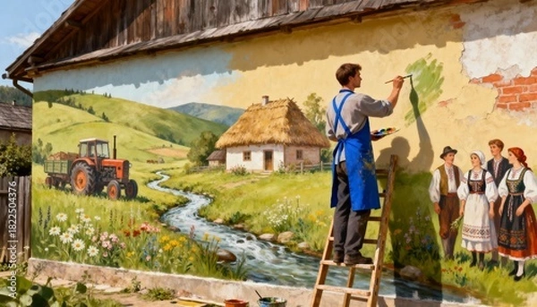 Fototapeta Painter working on a rural mural blending natural elements and local culture into the exterior wall of a countryside structure