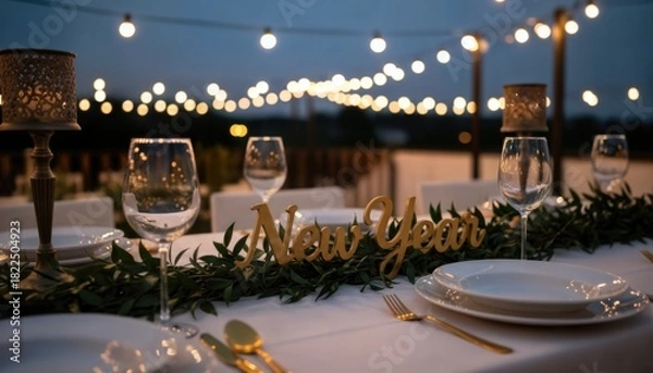 Fototapeta Elegant holiday table setting illuminated by festive lights creating a magical celebratory atmosphere