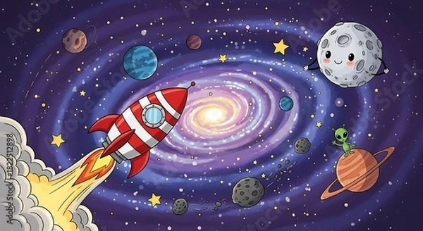 Fototapeta Cartoon Rocket Launching into Space with Planets and Galaxy.