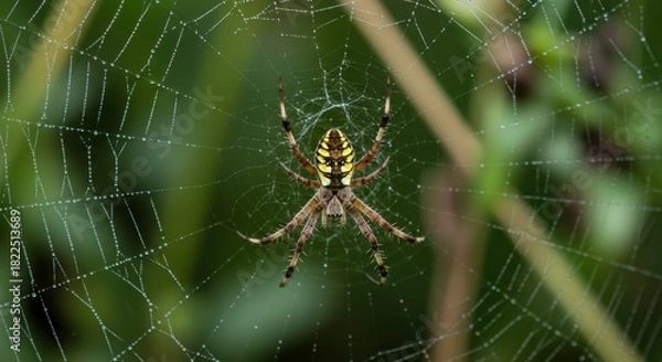 Obraz Close up of a striking argiope spider suspended in a delicate web with dew drops