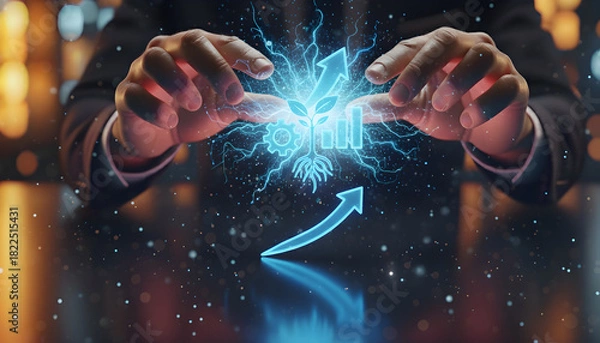 Fototapeta Businessman Holding Futuristic Concept of Growth and Innovation