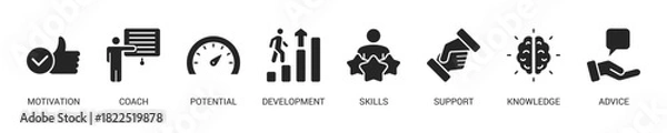 Fototapeta Coaching Glyph Icon Set For Web Banner. Vector Illustration Concept With Some Icons. Designed In Glyph Style