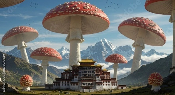 Obraz Surreal Landscape Featuring Giant Mushrooms and a Traditional Asian Building backdrop nature