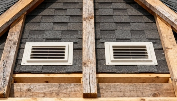 Fototapeta Medium shot of a series of attic vents integrated into roof trusses enhancing natural ventilation and moisture control.