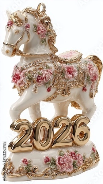 Fototapeta Elegant porcelain horse figurine decorated with gold and pink flowers stands on a base with bold golden 2026 numbers, luxurious keepsake for the New Year.
