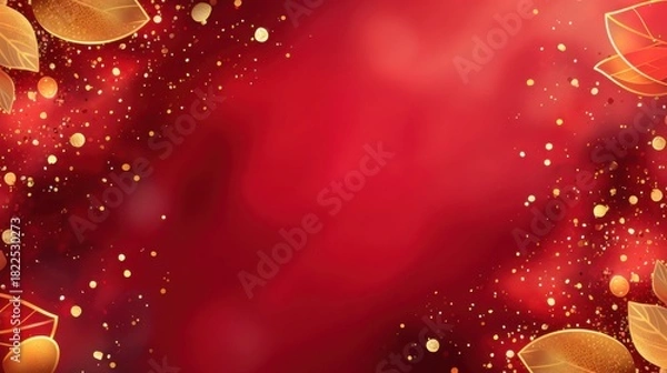 Fototapeta Red luxury festive background with golden leaves and shimmering glitter confetti for christmas or new year design