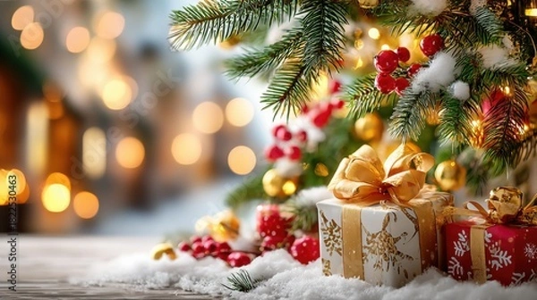 Fototapeta Christmas composition with decorated fir branches, red berries and gold ribbon gifts on snowy wooden table, bokeh lights