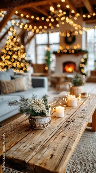 Fototapeta Cozy rustic living room with a wooden coffee table, candles and fir arrangement, fireplace and glowing Christmas tree in the background.