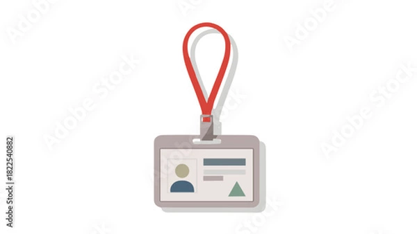 Obraz ID badge with red lanyard in clean flat vector style, soft neutral colors, office identification