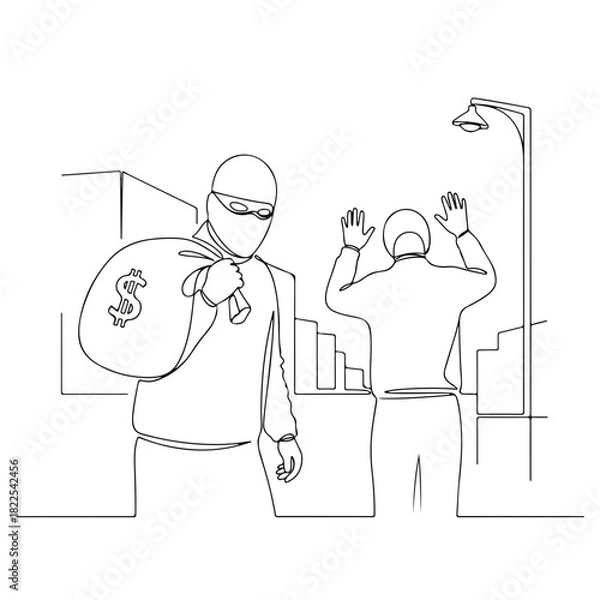 Obraz Thief with money bag, a single line art. Thief on city street with person surrendering is depicted in continuous line art. Conceptual thief idea, creating dramatic situation.
