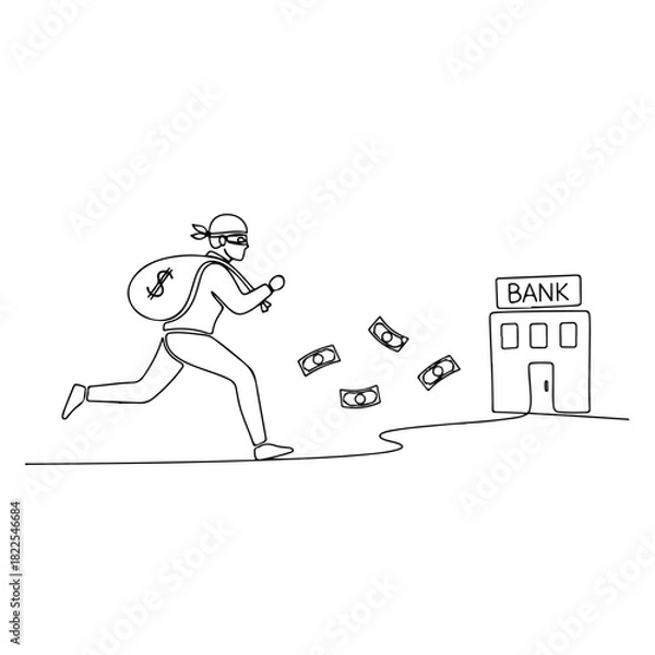 Fototapeta Bank robbery unfolds with robber fleeing with a money bag, capturing scene of crime. Continuous line shows robber, money, and bank building for bank robbery concept.