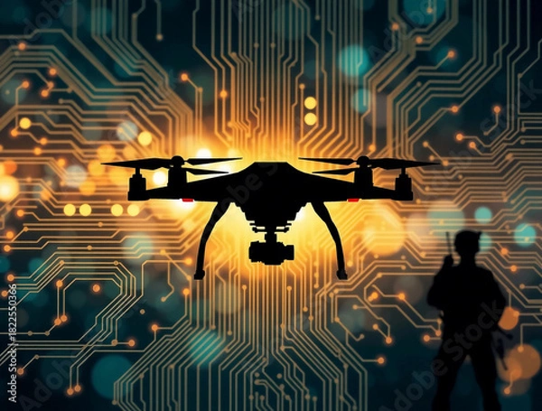 Fototapeta A drone is showcased in silhouette against an intricate background of circuit patterns and bright lights, hinting at its advanced technology and usage in innovative applications