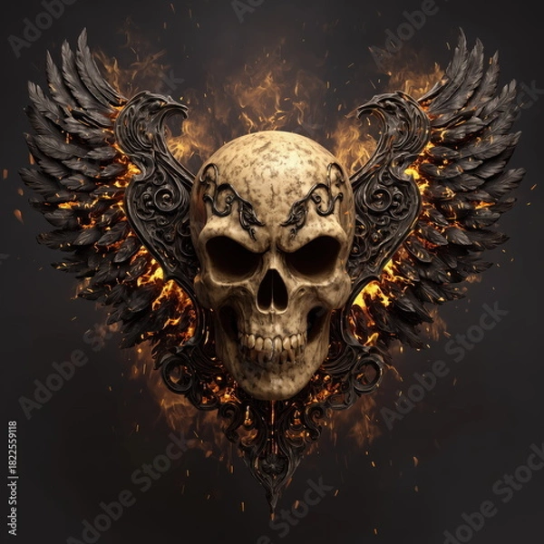 Obraz Wall Art Golden Biker Skull with Molten Lava Wings and Explosive Background Fire