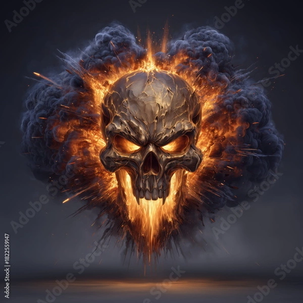 Obraz Wall Art Golden Biker Skull Rising from Smoke with Fiery Explosions and Gloomy Eyes