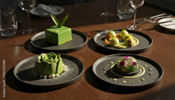 Fototapeta Elegant Green Dessert Assortment: Modern Plating in Fine Dining Ambiance