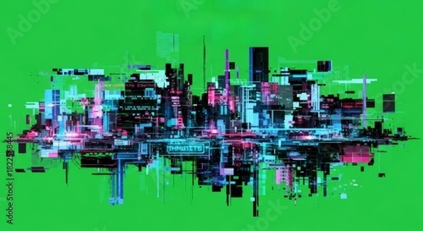 Fototapeta Abstract glitch city skyline with neon light effect isolated on a green virtual screen. Digital cyber city for video background.