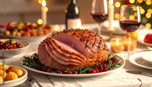 Obraz Festive glazed ham with herbs and cranberries, Christmas dinner table with wine, candles, and cozy atmosphere. Ideal for holiday, meal, tradition, celebration, winter feast.