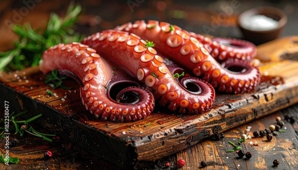 Obraz Close-up shot of grilled octopus tentacles on a wooden board. The dish is prepared with herbs, spices, and a sprinkle of salt.