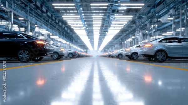 Fototapeta Modern automotive factory floor with rows of new cars, bright lighting, and reflective surface, showcasing advanced manufacturing technology