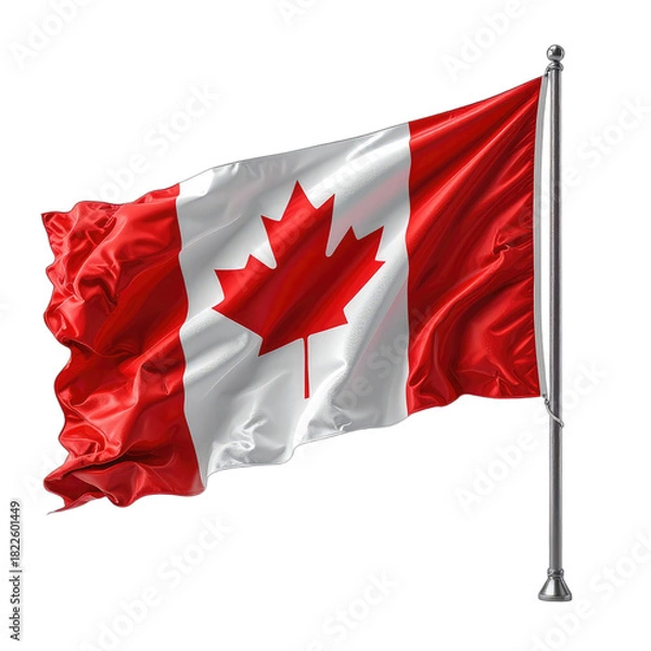 Fototapeta The Canadian flag waves majestically against a stark black background.