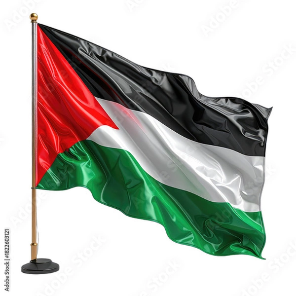 Fototapeta The Palestinian flag waves majestically on a flagpole against a stark black background, symbolizing national identity.