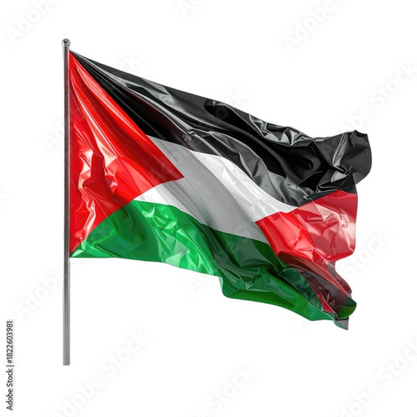 Fototapeta The Palestinian flag waves majestically against a stark black background.