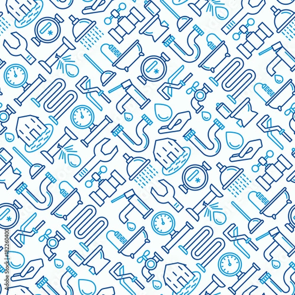 Obraz Plumbing seamless pattern with thin line icons of bathtub, shower, pipe, wrench, drop, leakage, meter, plunger. Modern vector illustration.