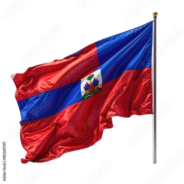 Fototapeta The flag of Haiti waves proudly on a flagpole against a stark black background.