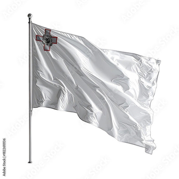 Fototapeta The white flag of Malta flutters on a flagpole against a black background.