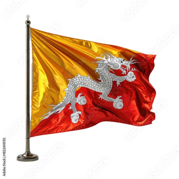 Fototapeta The national flag of Bhutan, featuring a dragon, waves proudly on a flagpole against a stark black background.