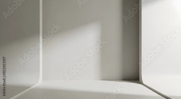 Fototapeta Clean and Minimalist Empty White Room Interior with Curved Walls and Floor, Featuring Architectural Sunlight Shadows, Ideal for Product Display or Abstract Background